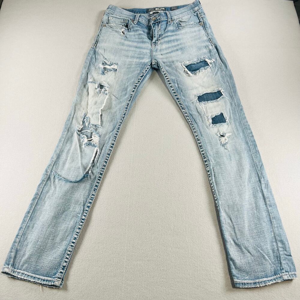 BKE Alec Straight Leg Mens Jeans Heavily Distressed Light Wash Denim Stretch 34L